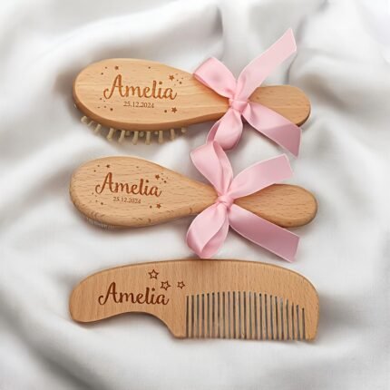 Conjunto de Pentes de Cabelo de Madeira Personalizados e Gravados, 1/3 Peças - Nome e Data Personalizados, Design Elegante de Laço Rosa, Cerdas de Nylon Duráveis, Presente Ideal para o Dia das Mães para Recém-nascidos e Mães, Acessório de Banho Exclusivo para Lembrança, Acessórios de Cabelo.