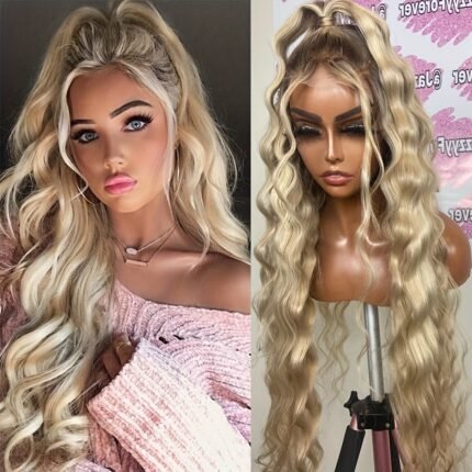 Peruca Frontal de Renda Cacheada Loira Platinada de 66,04 Cm - Cabelo Sintético Pré-selecionado, Sem Cola, Com Efeito Ombré, Resistente Ao Calor para Uso Diário.