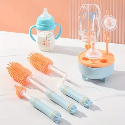 Kit de Limpeza de Mamadeiras - Escovas para Bicos e Canudos, Escova e Limpador de Silicone de Grau Alimentício, Cabo de Metal.