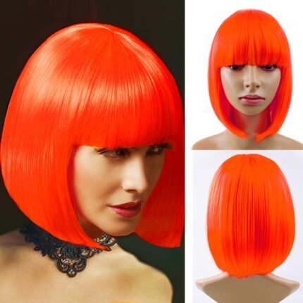 Peruca Bob Laranja Vibrante Com Franja - Cor Elegante e Atraente, Perfeita para Festas, Cosplay e Eventos de Moda | Acessório de Moda Ousado | Peruca de Fibra de Baixa Temperatura.
