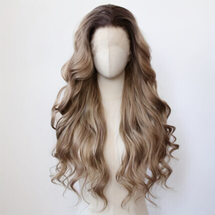 Peruca Longa Marrom Café Noir Com Ombré - 13x4 de Renda Frontal, Linha Capilar Pré-depilada, Fibra Sintética Resistente Ao Calor, Estilo Solto e Ondulado para Uso Diário.