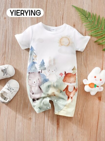 Macacão de Manga Curta para Bebê Yierying Summer - Estampa de Animal Adorável, Respirável e Leve, Ajuste Regular para Bebês, Lavar Somente à Mão, Roupa Casual para Bebês, Moda Infantil Divertida, Roupa de Bebê de Tecido Macio, Perfeita para Atividades Ao Ar Livre.