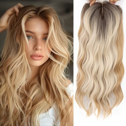 Toppers de Cabelo para Mulheres, 50,8 Cm, Ondulados, para Mulheres, Peças de Cabelo para Mulheres Com Cabelos Ralos, Peruca Sintética Com Mechas Ombré, Prendedor de Cabelo, Perucas Com Franja, Adiciona Volume Ao Cabelo.
