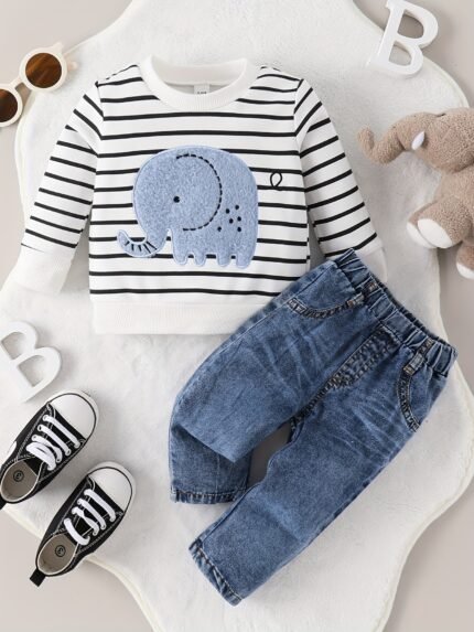 Infantil para Meninos de 0 a 24 Meses, Com Blusa Listrada de Elefante e Conjunto de Calças Jeans, para Atividades Ao ar Livre.