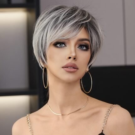 Peruca Bob Loira Preta Ombré para Mulheres Festa Diária Peruca de Cabelo Curto Sintético Liso Com Franja Fofa Perucas de Corte Pixie.