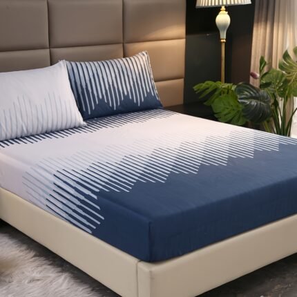 Jogo de Cama de 3 Peças Com Estampa de Listras Azuis e Brancas, Macio, Confortável e Respirável, Composto por Um Lençol de Baixo Com Elástico e Duas Fronhas. Sem Enchimento, Ideal para Quarto e Quarto de Hóspedes. Lavável à Máquina.