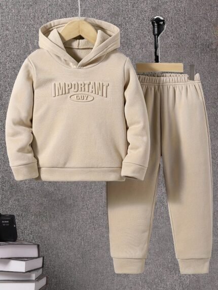 Conjunto Casual de 2 Peças para Meninos, Moletom Com Capuz e Calça de Moletom Com Letras Em Relevo, Roupa Confortável p/ Primavera e Outono, Uso Diário e Ao Ar Livre.