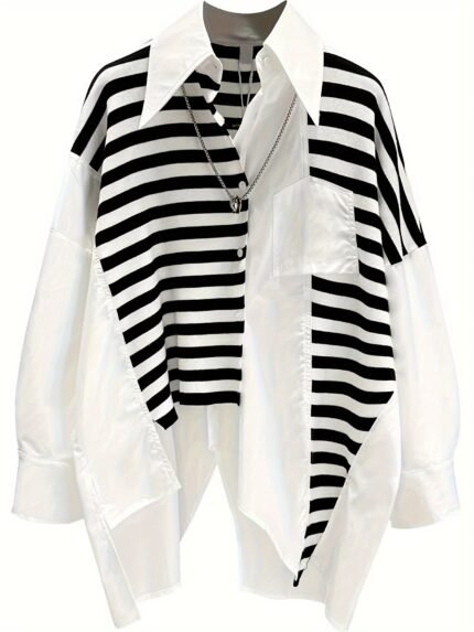 Camisa Feminina Casual Listrada Preta e Branca de Manga Comprida Com Bolsos - Caimento Solto, Gola de Lapela, Perfeita para Primavera / Verão / Outono, Traje Casual | Camisa Listrada | Camisa Com Bolsos.