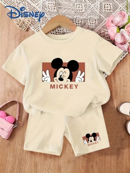 Conjunto Oficial de Shorts Casuais de Verão para Meninos, Camiseta Com Estampa Simples de Desenho Animado "Mickey" + Shorts Estampados Com Cós Elástico, Roupa Infantil Versátil, Confortável e Macia, Roupa Infantil Minimalista e Respirável para Meninos, Perfeita para Atividades Ao Ar Livre.