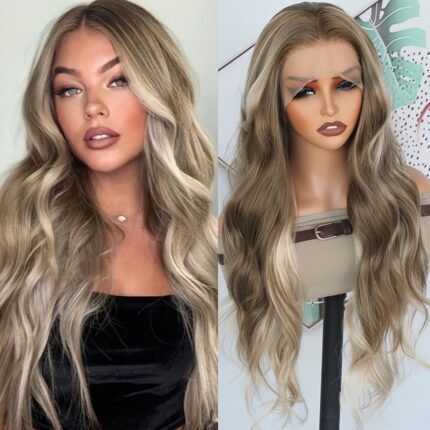 Perucas Lace Front Onduladas Com Mechas Castanho-acinzentadas e Loiras de 66,04 Cm - Pré-depiladas, Resistentes Ao Calor, Cabelo Sintético Longo e Ondulado Com Design de Divisão Livre, Perfeitas para Uso Diário e Festas.