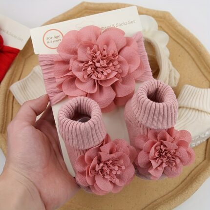 Conjunto de 2 Faixas de Cabelo Com Flores Grandes e Renda para Bebês, Meias Longas Com Tornozeleira para 0-12 Meses, Meias Elásticas Largas, Acessórios para Fotografia Infantil.