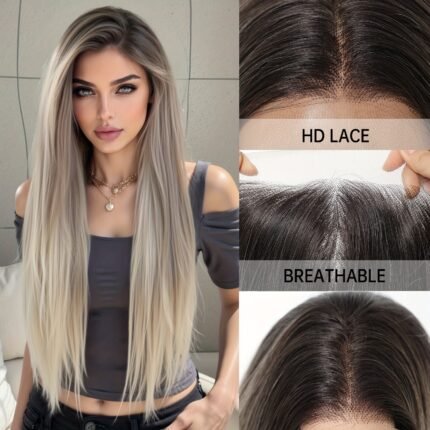 Peruca de Renda Frontal Transparente Hd 13x4, Cabelo Liso de 76,2 Cm, Peruca de Renda Sintética Sem Cola, Fibra Química de Alta Temperatura, Uso Diário, Natal, Festivais de Música e Festas - Aparência Natural e Ajuste Confortável.