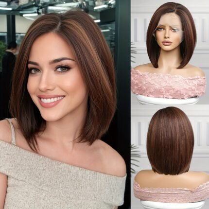 Peruca Frontal de Renda Elegante e Reta Haircube Bob 13*5*1 para Mulheres, Fibra de Alta Temperatura, Estilo Versátil para Uso Diário, Festivais, Festas, Casamentos, Cosplay - Aparência Natural e Ajuste Confortável.