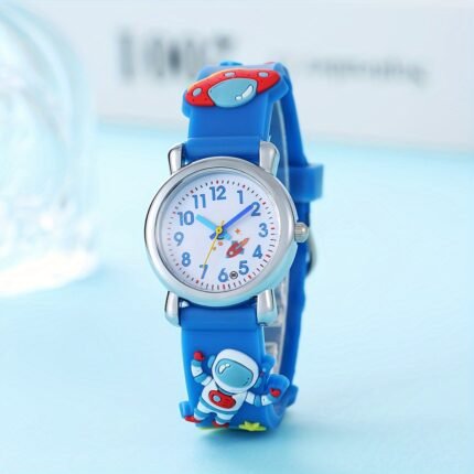 Relógio de Quartzo p/ Crianças, Astronauta e Ovni - Pulseira de Silicone, Não à Prova D'água, Azul.