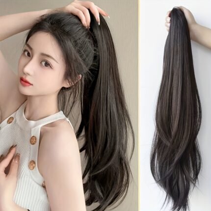 Peruca de Extensão de Cabelo Sintético Com Presilha para Rabo de Cavalo, Preta Natural, 60 Cm, Peruca Longa e Reta Com Presilha para Rabo de Cavalo Feminino.