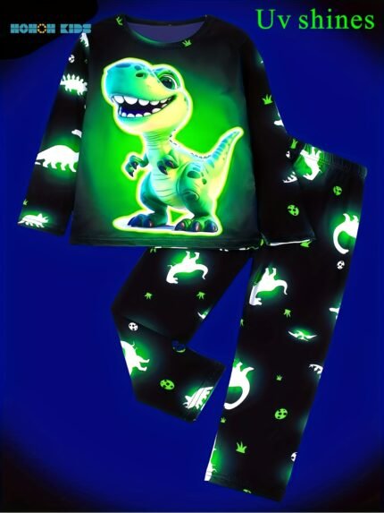 Conjunto de Pijama de Manga Comprida Macio Com Estampa Digital de Dinossauro para Meninos.