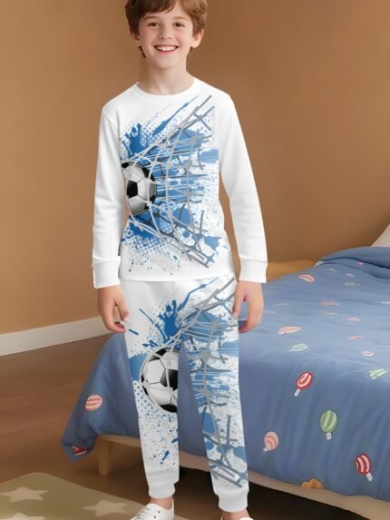 Conjunto de Moda Infantil Com Elementos de Futebol, Manga Comprida e Calça, Duas Peças.