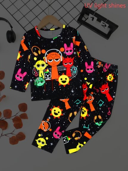 Conjunto de Pijama Neon p/ Meninos Com 2 Peças Que Brilham no Escuro, Estrela 3d e Estampa de Animal ( gatos / cachorros / ursos ) - Roupa de Dormir Reativa Resistente a Chamas para Festa de Inverno e Roupa de Cama Aconchegante, Lavável à Máquina.