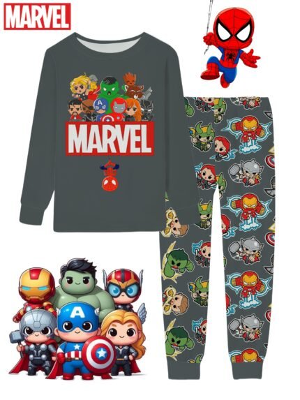 Conjunto de Pijama Primavera / Verão / Inverno / Outono para Meninos da Marvel de 2 a 9 Anos, Blusa Com Personagens dos Vingadores da Versão Q, Logotipo Atraente da Marvel e Calças Combinando Cheias dos Mesmos Designs Fofos, Macio e Confortável para Dormir ou Relaxar, Conjunto de Pijama para Meninos, Personagem.