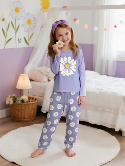 Conjunto de Pijama de Duas Peças Com Estampa Floral de Margaridas Brancas, Manga Comprida e Calça, Calça de Dormir Estampada Estilo Desenho Animado, Estampa Digital, Design Floral Moderno para Uso Em Casa, Roupa de Dormir para Dormir, Estampa Floral, Roupa de Dormir Moderna, Durável.