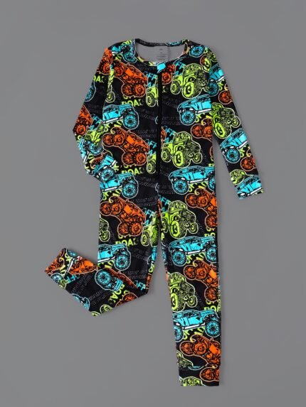 Macacão de Manga Comprida Com Zíper e Estampa de Motociclista Que Brilha no Escuro para Meninos – Design de Corrida Colorido, Mistura de Poliéster Elástico, Lavável à Máquina, Conforto para Todas as Estações, Roupa Casual para Jovens | Moda Divertida para Jovens | Roupas Justas.