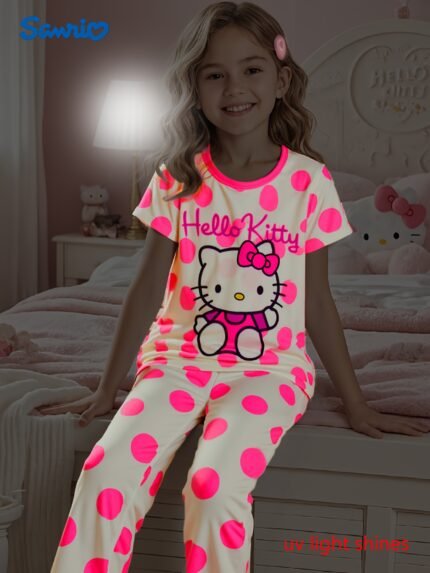 Sanrio Hello Kitty (Pijama de Manga Curta para Meninas Com Efeito Fluorescente UV+ Calça Comprida Com Estampa de Laço, Conjunto de Duas Peças).