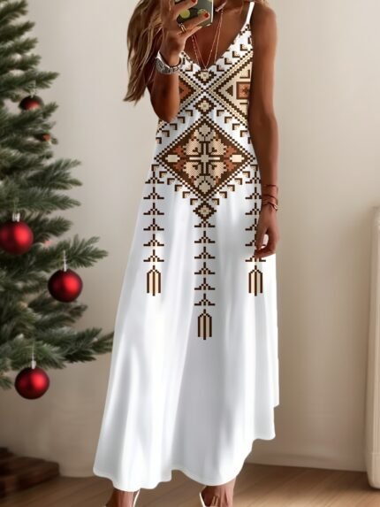 Conjunto de Vestido e Blusa Com Estampa Geométrica Tribal Com Decote Em "V".