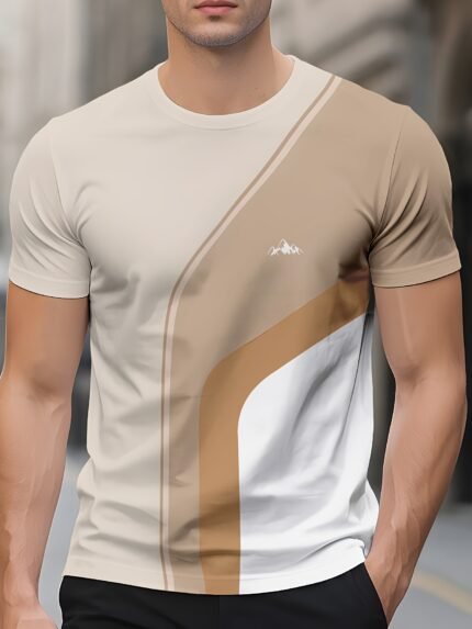 Camiseta Masculina Plus Size Bege de Gola Redonda Com Estampa 3d, Estilo Minimalista e Casual.