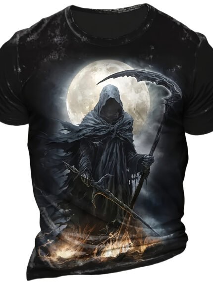 Camiseta Masculina Vintage Com Estampa 3d de Caveira - Estampa Realista de Morte Assimétrica, Camiseta Gótica de Terror Com Gola Redonda, Modelo Oversized Lavável à Máquina para Festas e Uso Casual.
