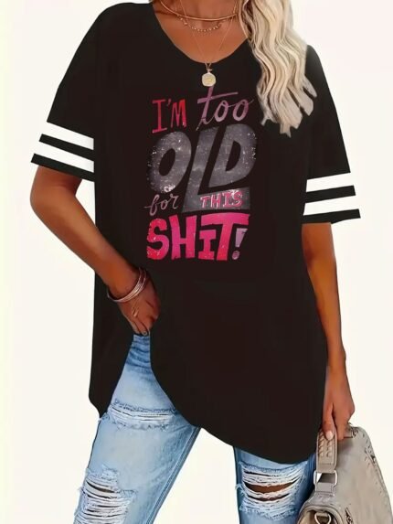 Camiseta Plus Size e/ou Oversized Feminina,Tamanhos Grandes, Estampada Com Gola Redonda, Manga Curta e Listras, Com Gola Canelada, Tamanhos 1 à 8 XL.