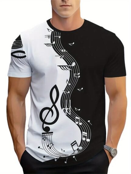 Camiseta Masculina de Manga Curta Oversized Com Estampa 3D de Notas Musicais, Estilo Streetwear, Modelagem Ampla, nas Cores Preto e Branco.