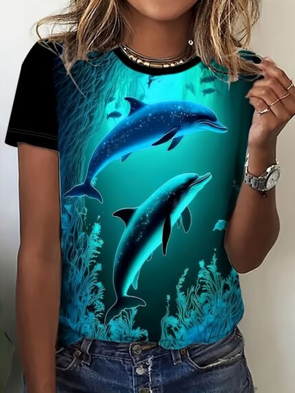 Camiseta Feminina Plus Size e/ou OverSized Fashion Elegante Com Estampa de Golfinhos - Blusa Casual de Manga Curta e Gola Redonda Com Vibrante Estampa Subaquática, Tecido Respirável e Elástico, Lavável à Máquina, Ideal para Praia e Passeios Casuais, Material Não Transparente.