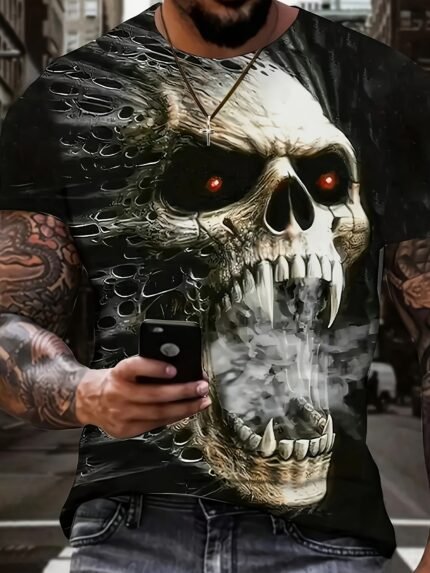 Camiseta Plus Size Masculina Com Estampa de Caveira Assustadora, Camiseta Casual de Manga Curta e Modelagem Ampla, Estilo Hip-Hop Streetwear, Peça de Roupa Masculina.