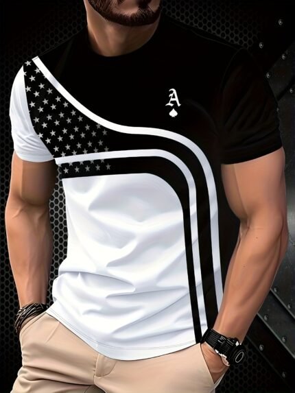 Camiseta Plus Size Esportiva Masculina Estilosa de Manga Curta Com Design Versátil, Estampa do Ás de Espadas e Gola Redonda.