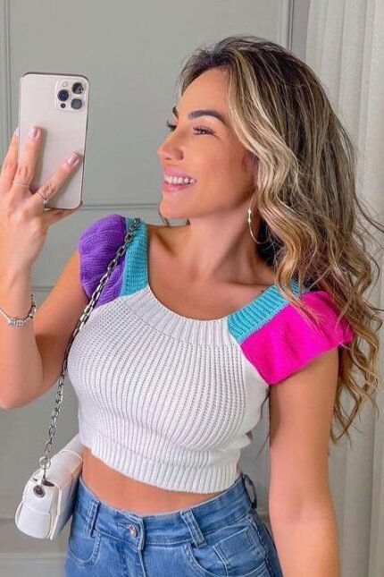 Cropped Tricot Modal Manga Babado Colorida [F081]