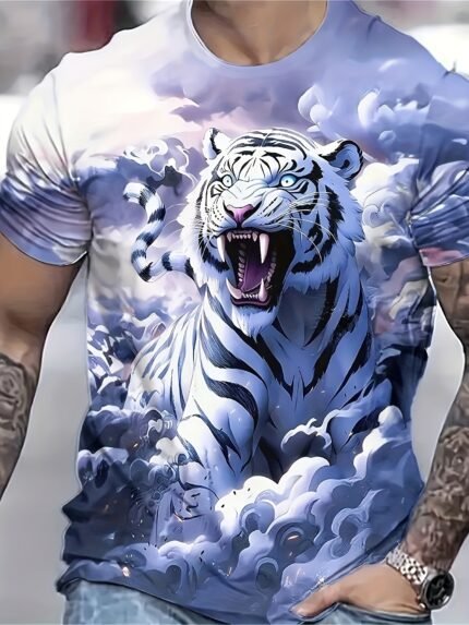 Camiseta Plus Size Masculina de Manga Curta Com Estampa 3d de Tigre, Modelagem Ampla e Casual, Com Um Design Arrojado.