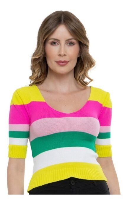 Cropped Tricot Modal Manga Curta Listras [F081]