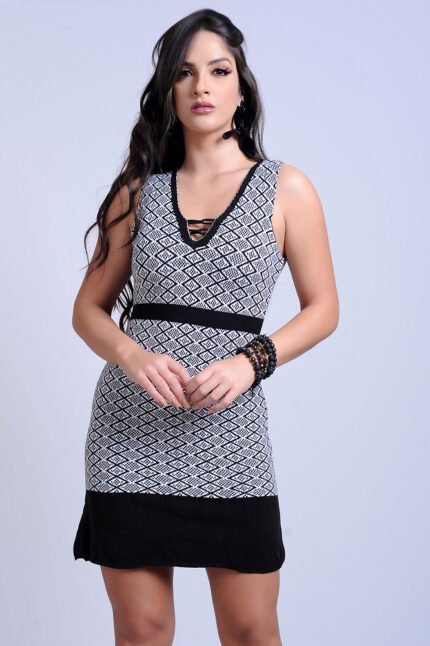 Vestido Curto Tricot Decote Trançado Alça [F081]