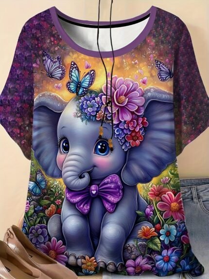 Camiseta Feminina Plus Size E/ou Oversized Fashion Elegantes para o Primavera / Verão / Outono / Inverno, Com Estampas 3D de Flores e Elefantes, Gola Redonda, Mangas Curtas, Perfeitas para Usar Ao Ar Livre.
