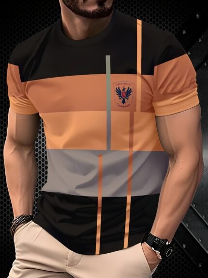 Camiseta Plus Size Masculina Estilosa Com Listras Largas e Estreitas.