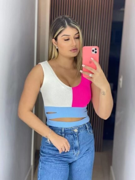 Cropped Tricot Modal Detalhe Na Barriga Tricolor [F081]