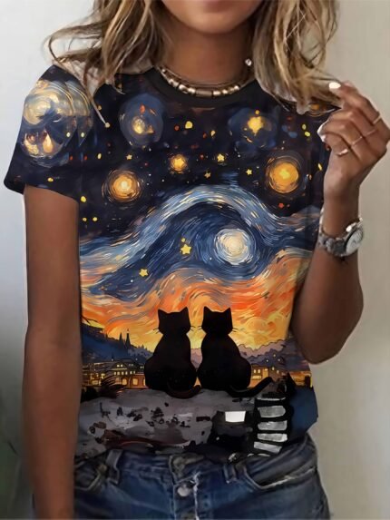 Camiseta Feminina Plus Size e/ou OverSized Fashion Estampa Sem Textura, Estampa de Gato, Casual e Confortável de Gola Redonda, Elegante.