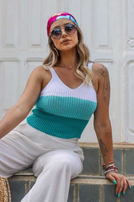 Cropped Tricot Alça Tricolor Decote V [F081]