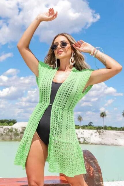 Saída De Praia Tricot Curta Babado [F081]