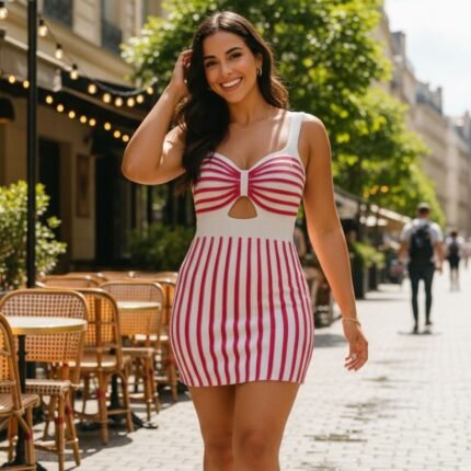 Vestido Curto Tricot Detalhe Alça Listrado [F081]