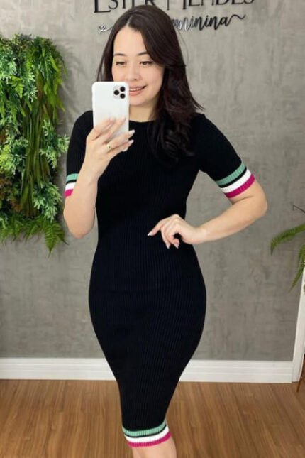 Vestido Midi Tricot Canelado Manga Curta [F081]