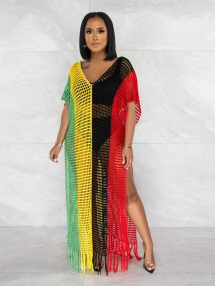 Vestido Longo Plus Size Feminino Com Blocos de Cores - Sexy e Sem Mangas, Com Estampa Vibrante Em Verde, Amarelo, Vermelho e Preto, Em Poliéster Leve, Perfeito para Primavera / Verão / Outono / Inverno.