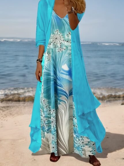 Conjunto de Vestido Feminino de Duas Peças, Casual, Estampado, Elegante, Floral, Com Decote Em "V" e Mangas Compridas, Ideal para o Dia a Dia.