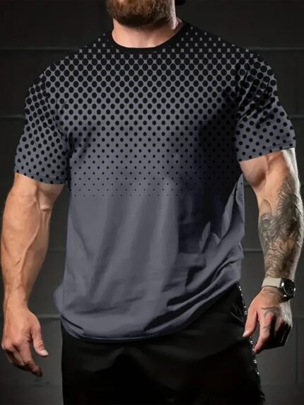 Camiseta Plus Size Masculina Casual Com Estampa 3D Em Formato de Favo de Mel, Gola Redonda, Modelagem Solta, Respirável e Confortável, Manga Curta.