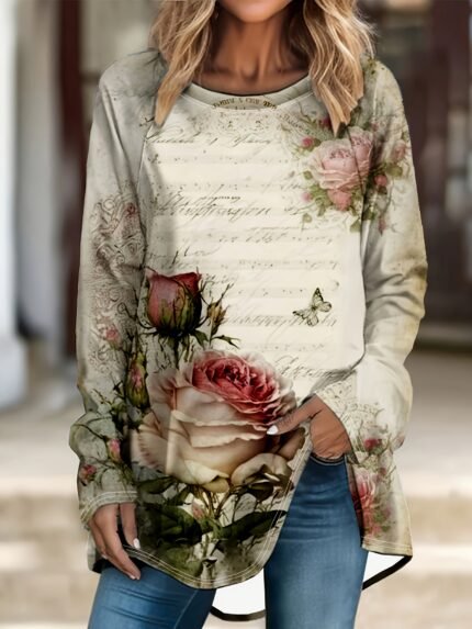 Camiseta Feminina Plus Size E/ou Oversized Fashion Com Estampa Floral, Blusa Casual de Manga Comprida e Gola Redonda, Ideal para Primavera / Verão / Outono / Inverno.